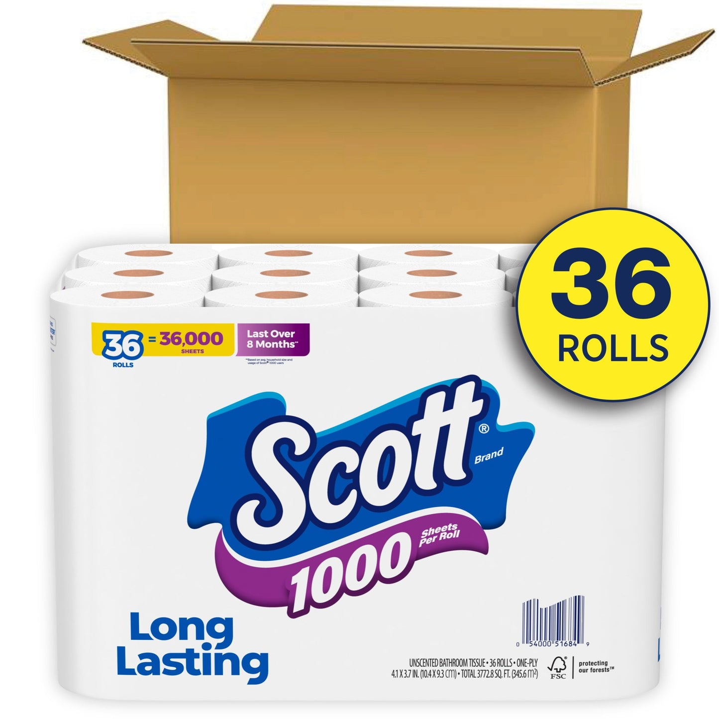 1000 Toilet Paper, 36 Rolls, 1,000 Sheets per Roll