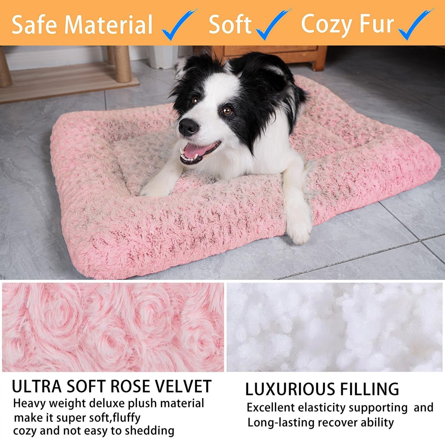 Dog Beds Crate Pad for Medium, Large Dogs, Deluxe Rose Plush Cat Sleeping Mats, Fits Crate Kennel Cage, Anti-Slip Pets Pillow, Washable Ultra Soft Fluffy Dog Bed for Crate (35"X23"Pink)