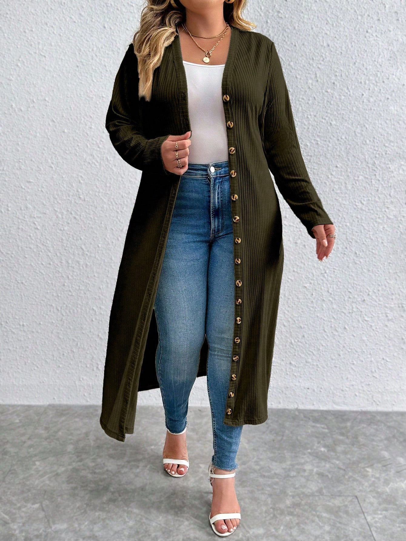 Essnce plus Size Casual Solid Color Button Front Long Jacket, Spring & Autumn