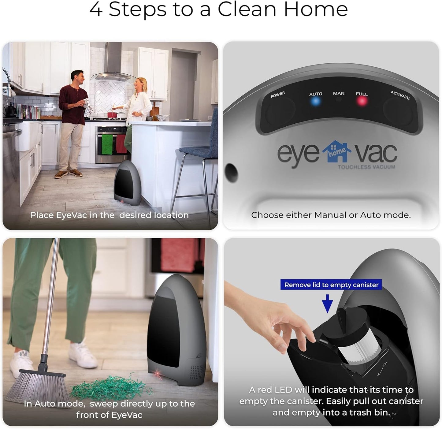 Eyevac Home Touchless Vacuum Automatic Dustpan - Great for Sweeping Pet Hair Food Dirt Kitchen - Fast & Powerful, Corded Canister Vacuum, Bagless, Automatic Sensors, 1000 Watt (Silver)