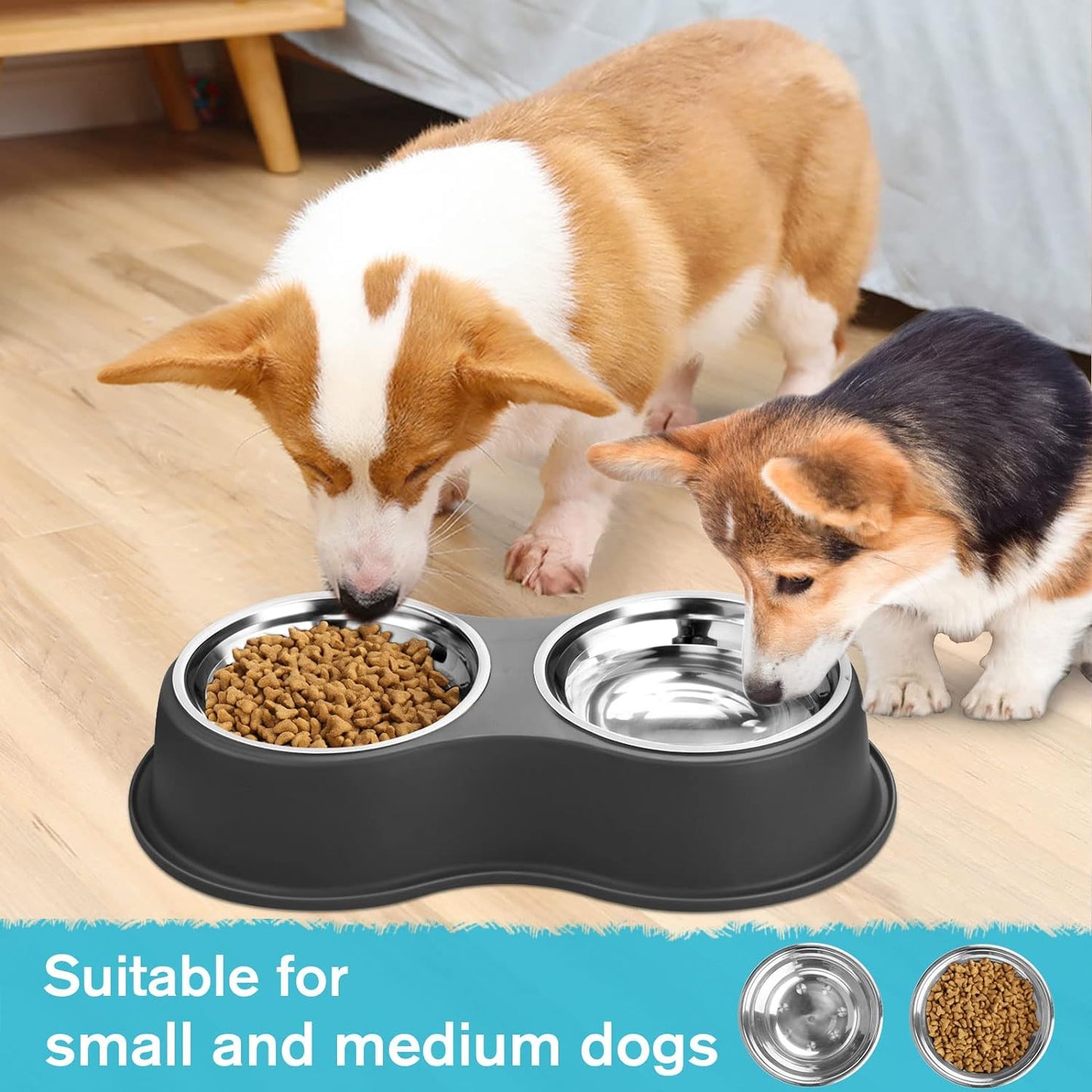 Dog Bowls Double Dog Water and Food Bowls Stainless Steel Bowls with Non-Slip Resin Station, Pet Feeder Bowls for Puppy Medium Dogs Cats