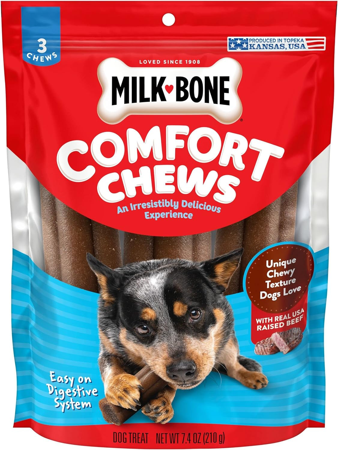 Comfort Chews, Rawhide Free Dog Treats with Unique Chewy Texture and Real Beef, 3 Chews (Pack of 5), Easy on Digestive System