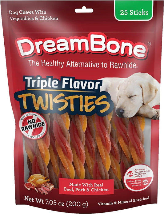 Triple Flavor Twisties, 25 Count, Rawhide-Free Dog Chews Made with Real Beef, Pork & Chicken, 7.05 Ounce (Pack of 1)