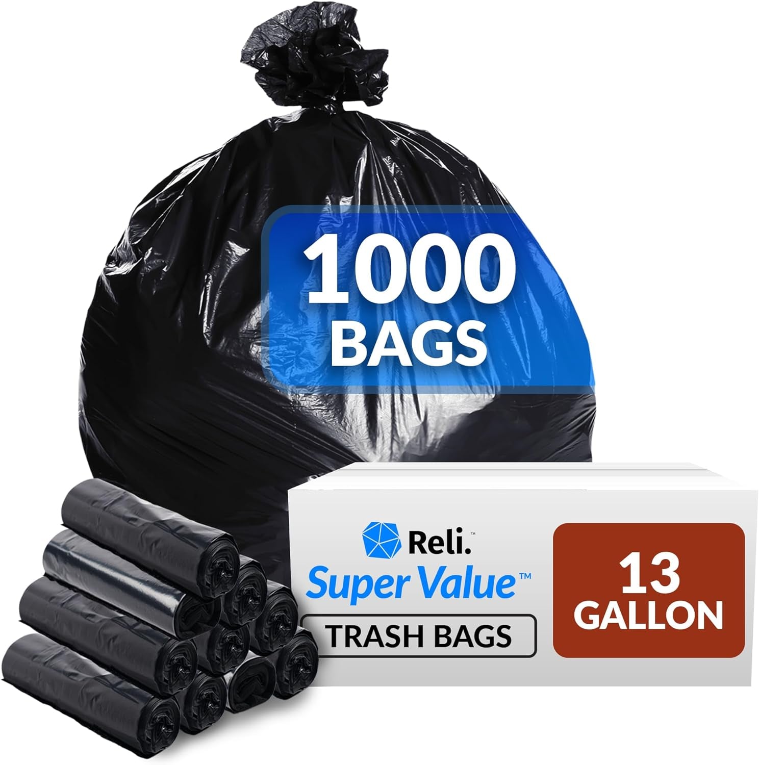 Supervalue 13 Gallon Trash Bags | 1000 Count Bulk | Tall Kitchen | Can Liners | Black Multi-Use Garbage Bags