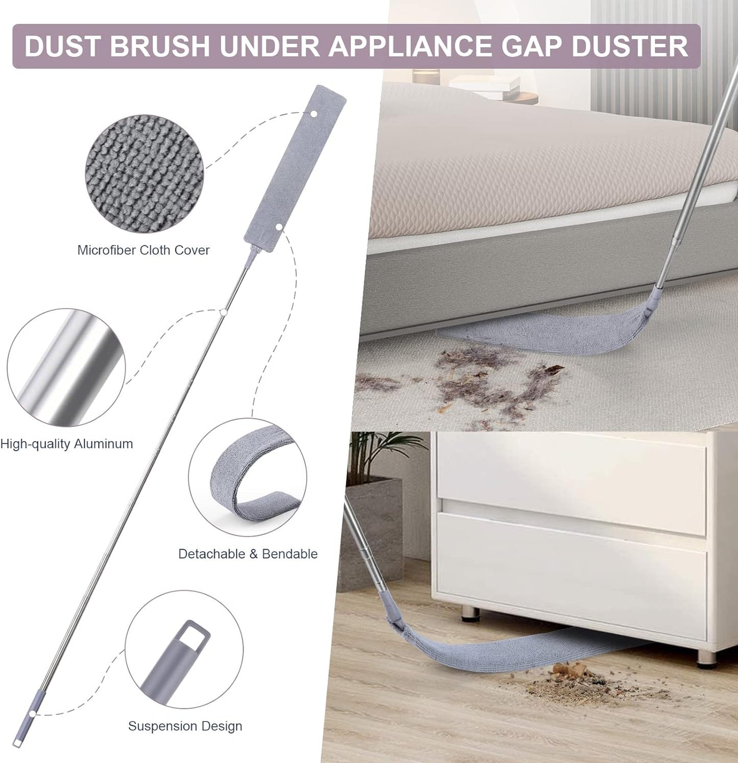 Retractable Gap Dust Cleaner, Duster Flat Wiper up to Extendable & Two Microfibre Covers, Retractable Gap Dust Cleaner for under Sofa Cabinets Bed Household Gap Dust