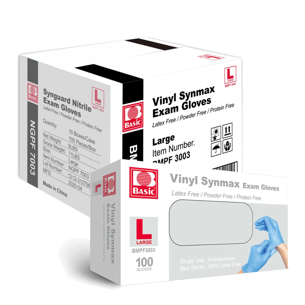 Medical Synmax Vinyl Exam Gloves - Latex-Free & Powder-Free Disposable Glove - Large, BMPF-3003(1000 Pcs)