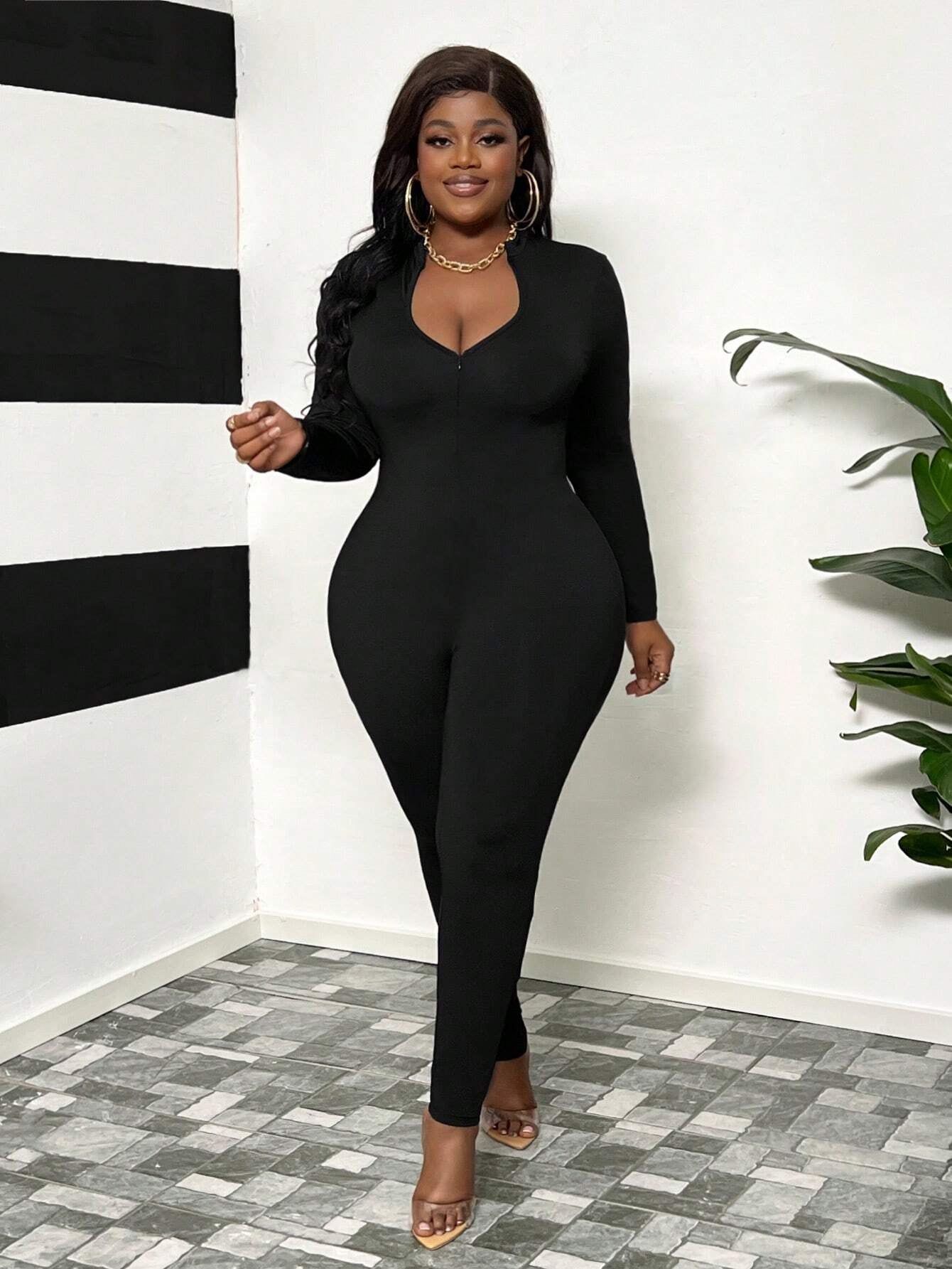 Slayr Plus Size Women'S Streetwear & Everyday & Casual Jumpsuit, Slim-Fit Solid Black, Deep V-Neck with Half Zipper, Moisture-Wicking & Quick-Drying Fabric, Long Length, Autumn & Winter