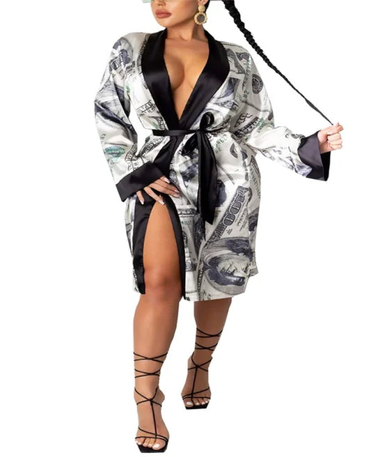 New Fashion Women Ladies Satin Silk Robes Trendy Dollar Print Long Sleeve Silky Kimono Bathrobe Sleepwear with Belt