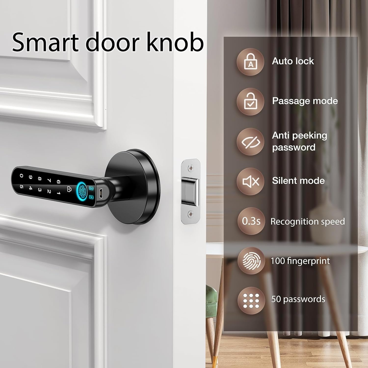 Fingerprint Door Lock, Smart Door Knob,Biometric Door Lock，With Passcode Keypad Keyless Entry Door Handle，For Bedroom Home Hotel Office Apartment Blac