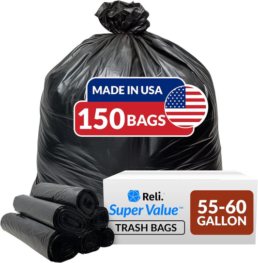 55-60 Gallon Trash Bags Heavy Duty | 150 Bags | 50-60 Gallon | Large Black Garbage Bags | Made in USA