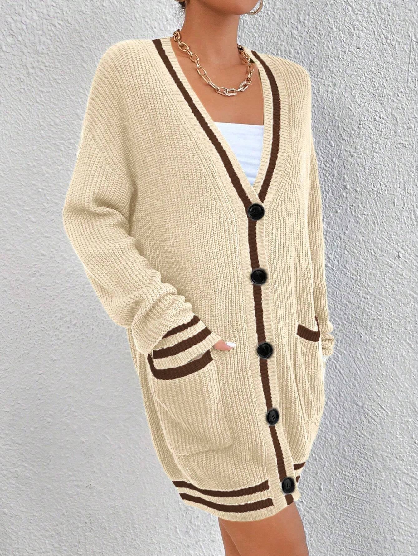 Essnce Women's Color-Blocked Simple Daily Long Sleeve Cardigan