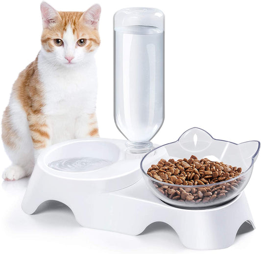 Double Dog Cat Bowls - Pets Water and Food Bowl Set, 15°Tilted Water and Food Bowl Set with Automatic Waterer Bottle for Small or Medium Size Dogs Cats