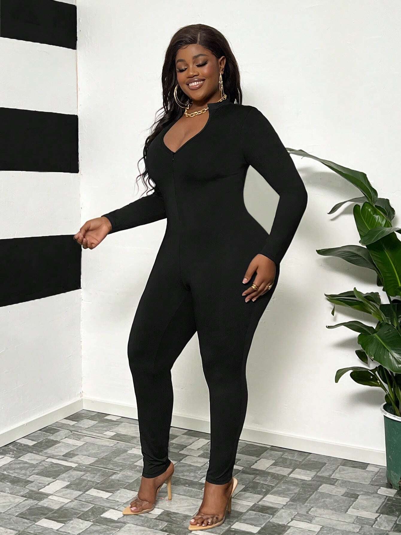 Slayr Plus Size Women'S Streetwear & Everyday & Casual Jumpsuit, Slim-Fit Solid Black, Deep V-Neck with Half Zipper, Moisture-Wicking & Quick-Drying Fabric, Long Length, Autumn & Winter