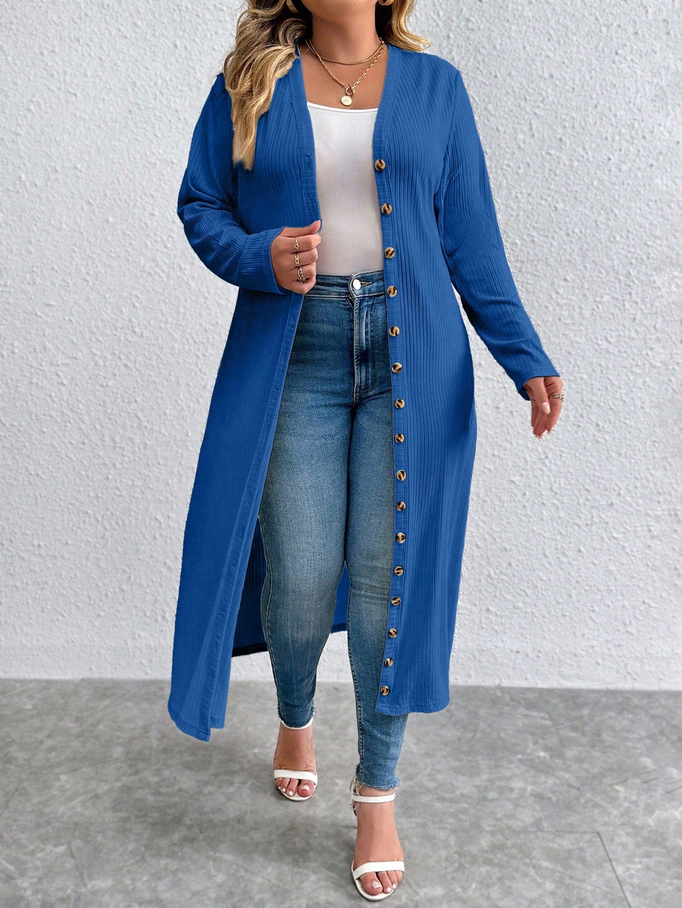 Essnce plus Size Casual Solid Color Button Front Long Jacket, Spring & Autumn