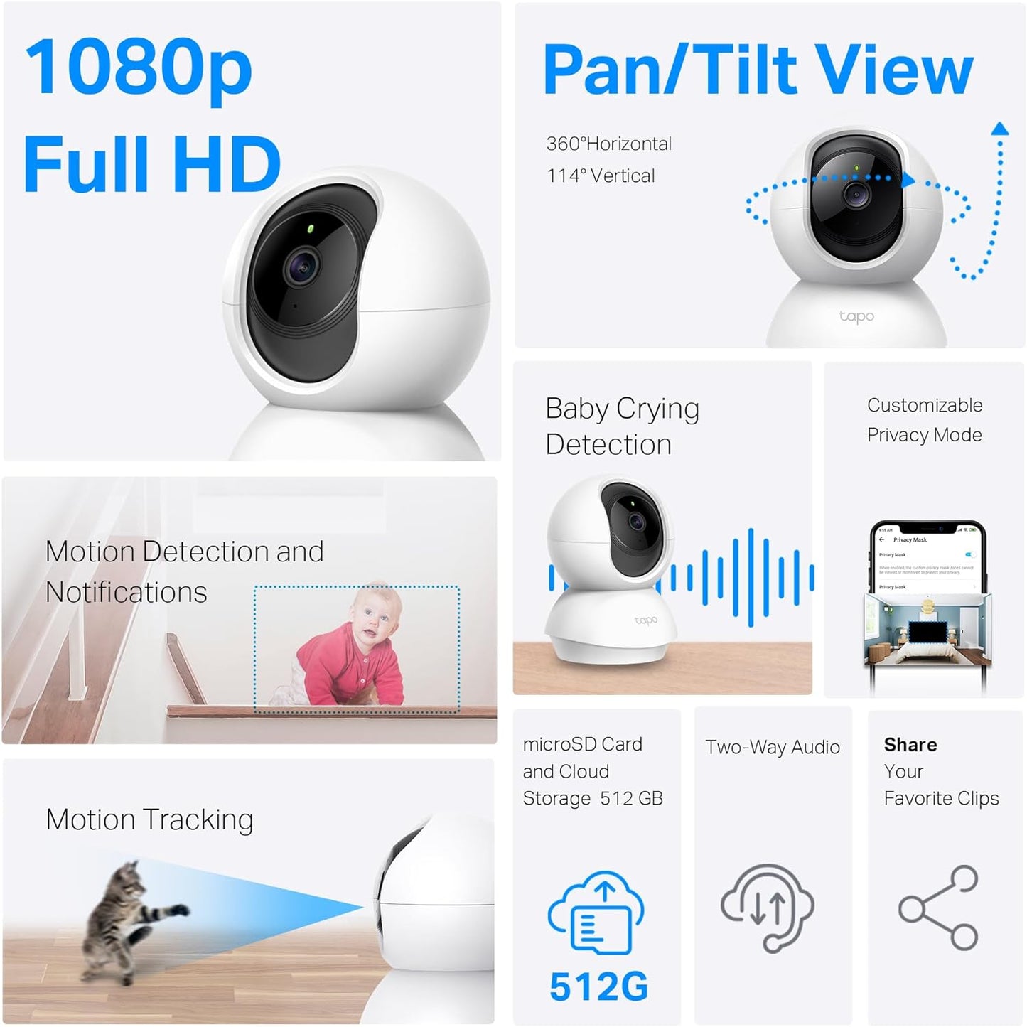 Pan/Tilt Security Camera for Baby Monitor, Pet Camera W/Motion Detection, 1080P, 2-Way Audio, Night Vision, Cloud & SD Card Storage, Works with Alexa & Google Home ( C200)