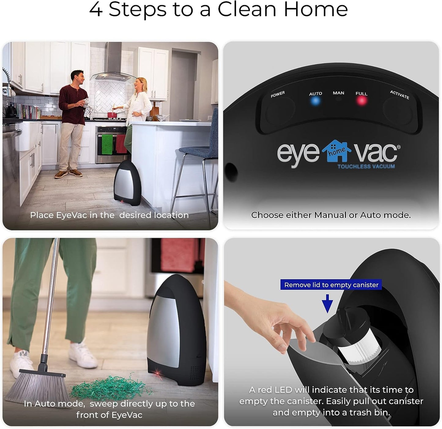 Eyevac Home Touchless Vacuum Automatic Dustpan - Great for Sweeping Pet Hair Food Dirt Kitchen - Fast & Powerful, Corded Canister Vacuum, Bagless, Automatic Sensors, 1000 Watt (Matte Black)