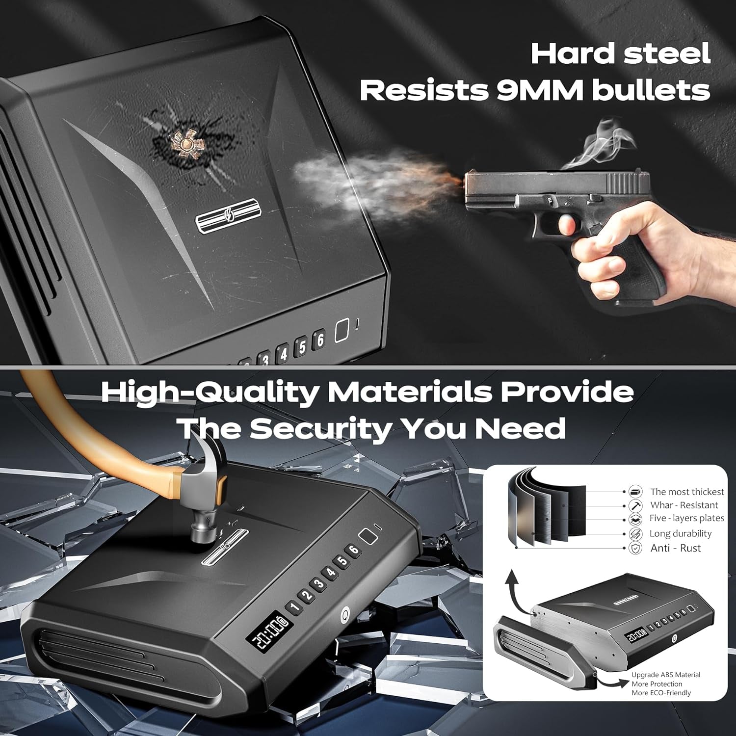 Large Gun Safe for 2-4 Pistols, Fingerprint Digital PIN Key Unlock with LCD Display & USB Port, 650 DPI Quick Access Biometric Handgun Safe, Hand Gun Lock Box for Home Drawer Bedside