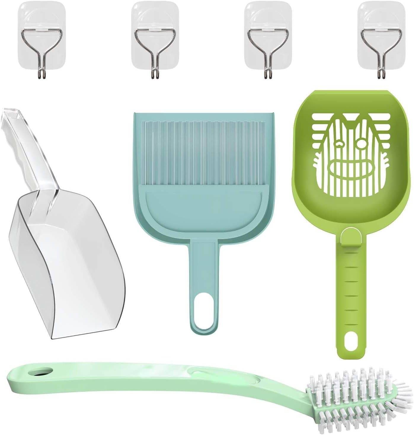 Convenient Pet Cats Toilet Cleaning Kit with Cat Litter Box Scooper/Cat Litter Picker/Handheld Dustpan/Broom/Brush/Paste Hooks Good for Self Cleaning Cat Litter Box.