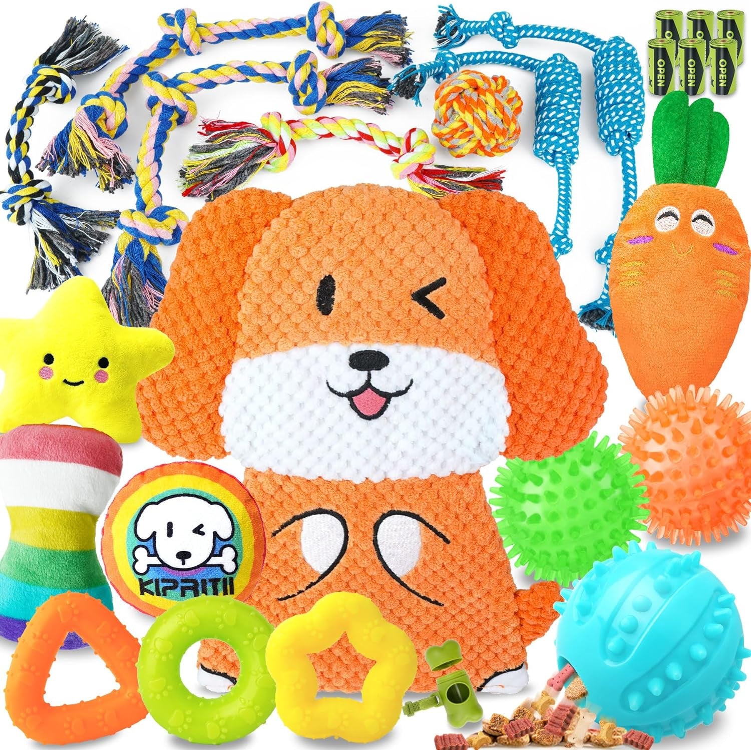 Puppy Toys for Dog Teething-25 Pack Exclusive Puppy Dog Chew Toys for Boredom with Rope Toys, Dog Treat Balls & Dog Toy for Puppy and Small Dogs, Hold a Bottle