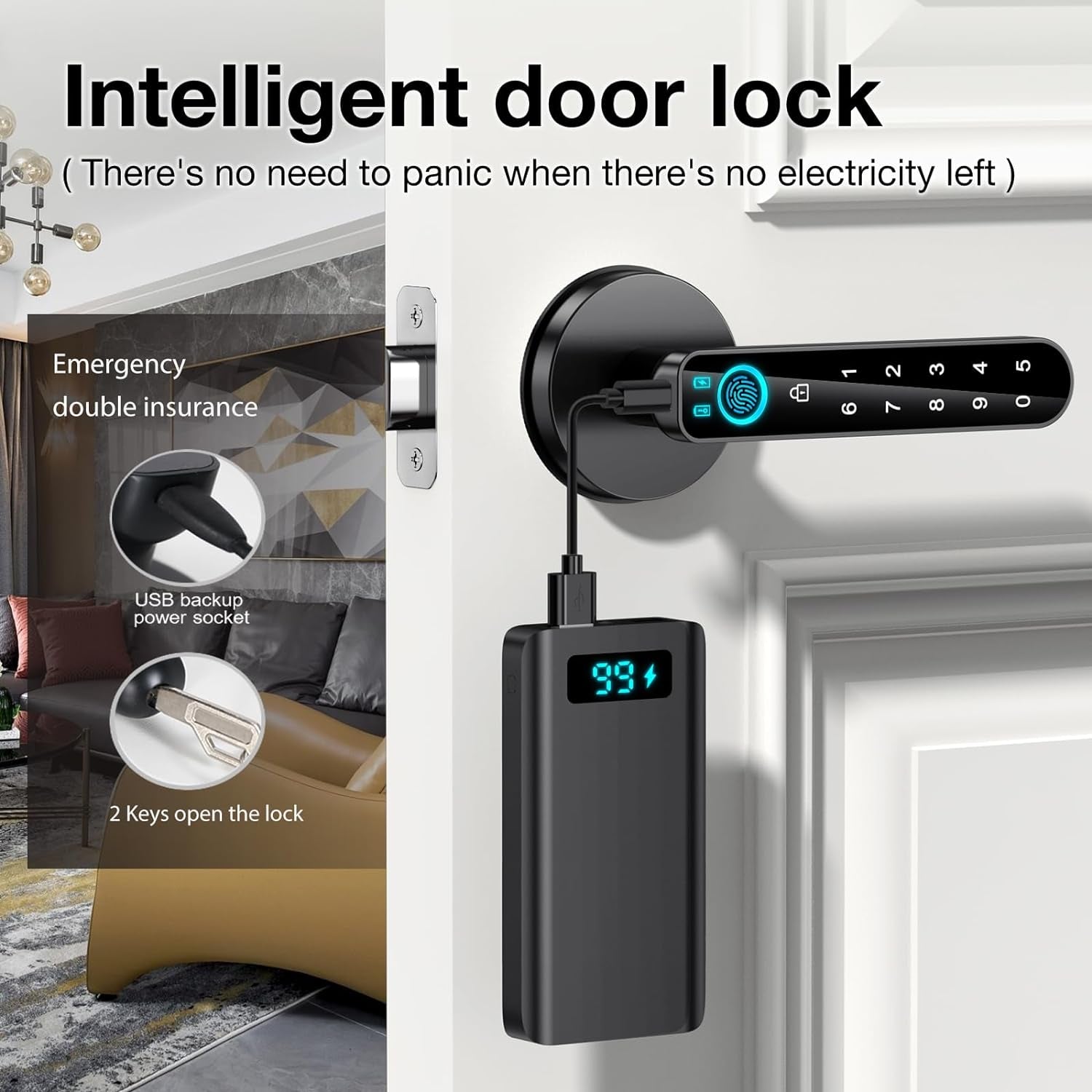 Fingerprint Door Lock, Smart Door Knob,Biometric Door Lock，With Passcode Keypad Keyless Entry Door Handle，For Bedroom Home Hotel Office Apartment Blac