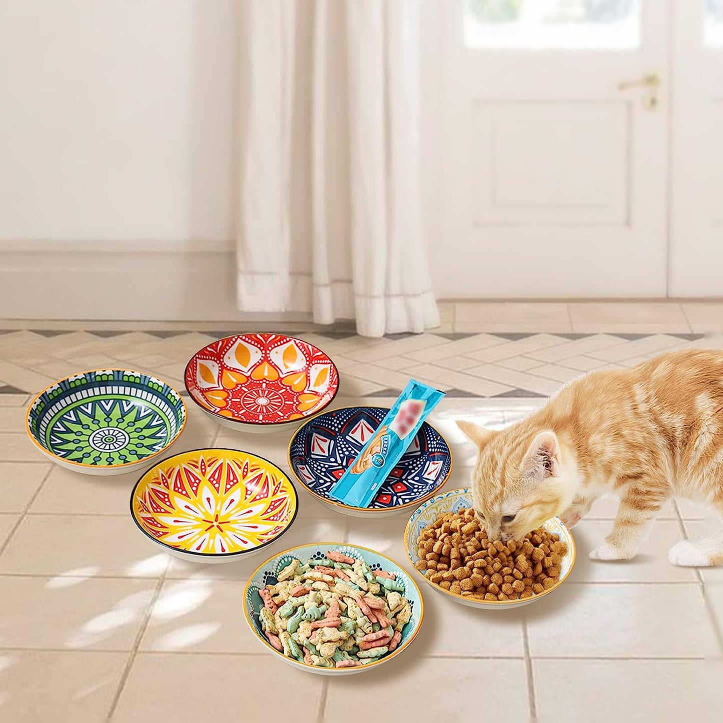 5.5 Inch Wide Shallow Cat Food Bowl Set for Relief Whisker Fatigue -Ceramic - 6 Colorful Cute Small Flat Kitten Feeding Dish/ Dishes - Microwave and Dishwasher Safe - 8 Oz