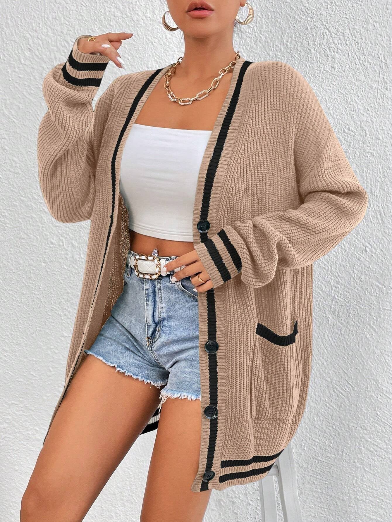 Essnce Women's Color-Blocked Simple Daily Long Sleeve Cardigan