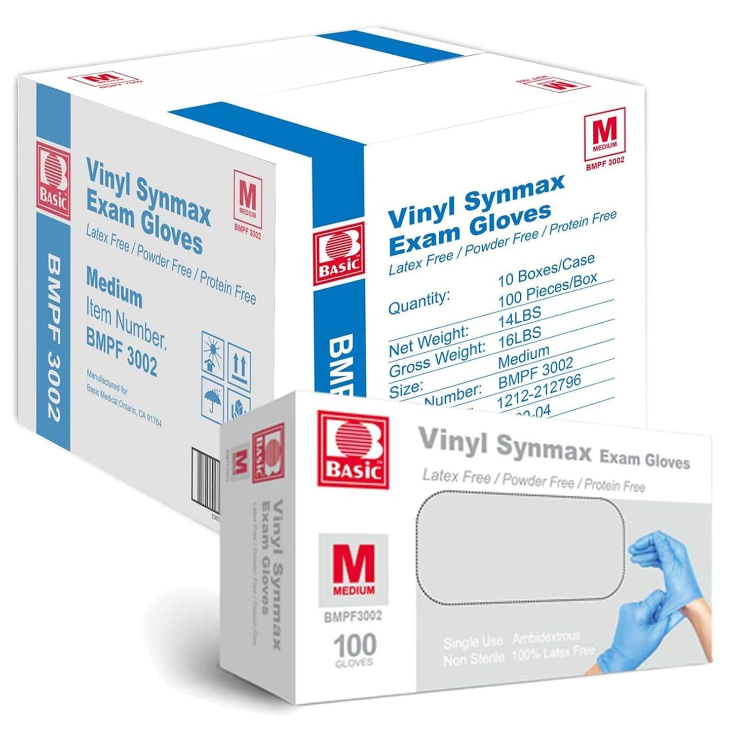 Basic Medical Synmax Vinyl Exam Gloves - Latex-Free & Powder-Free - X-Large, BMPF-3004 Blue Case of 1000