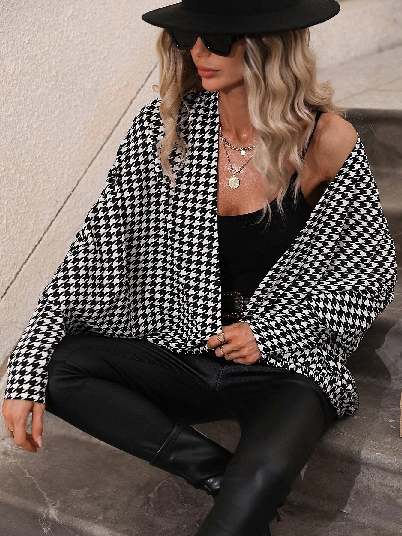 Houndstooth Batwing Sleeve Open Front Coat