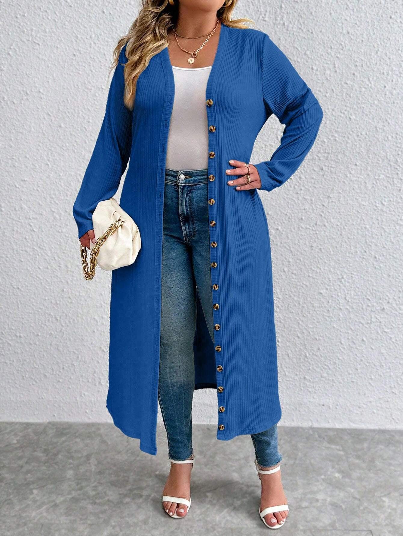 Essnce plus Size Casual Solid Color Button Front Long Jacket, Spring & Autumn