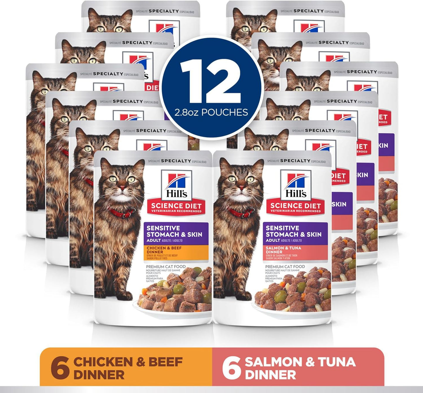 Sensitive Stomach & Skin, Adult 1-6, Stomach & Skin Sensitivity Support, Wet Cat Food, Variety Case: Chicken & Beef; Salmon & Tuna Stew, 2.8 Oz Pouch Variety Case, Case of 12