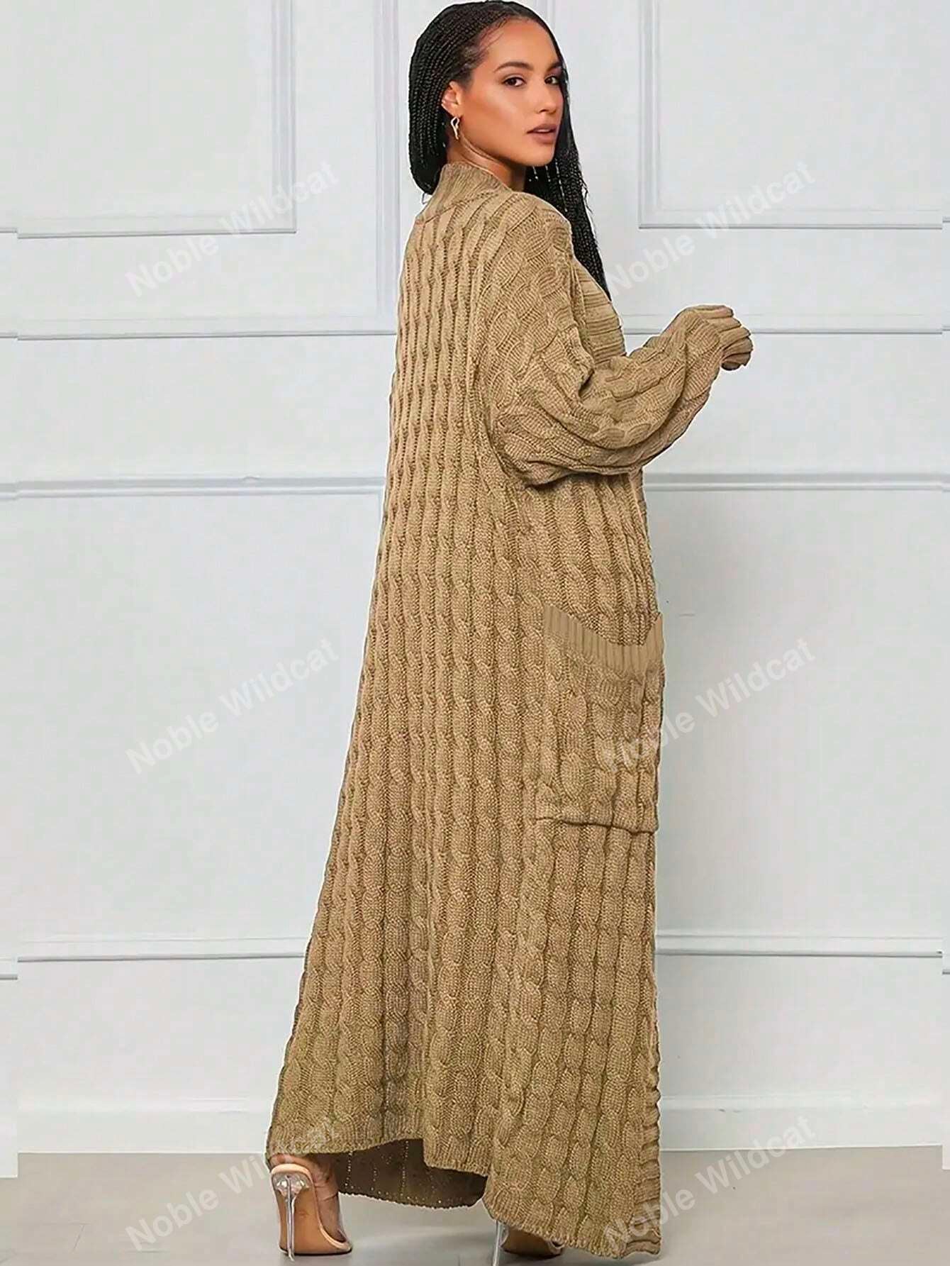 Plus Size Women'S V-Neck Long Sleeve Solid Color Cable Knit Cardigan Sweater