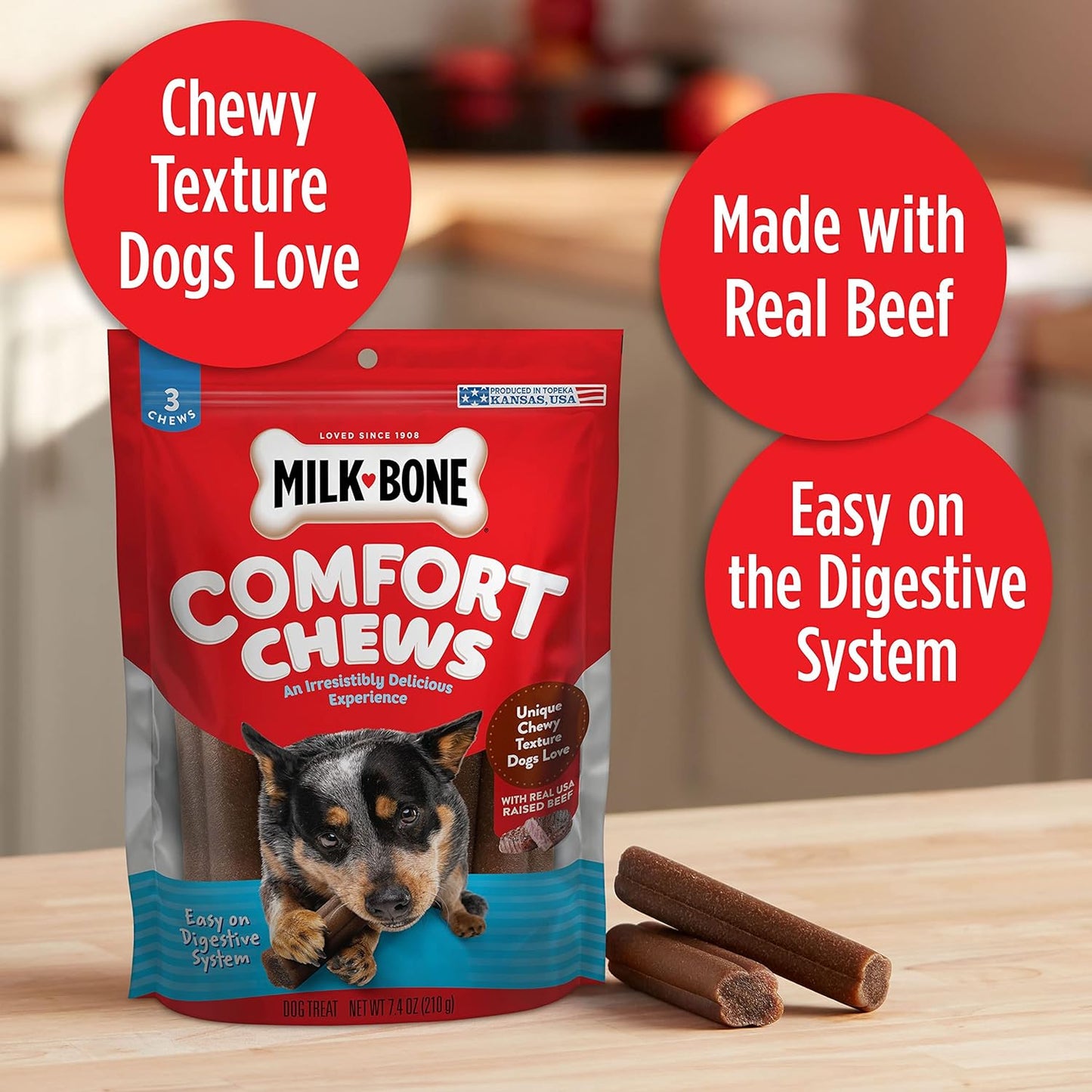 Comfort Chews, Rawhide Free Dog Treats with Unique Chewy Texture and Real Beef, 3 Chews (Pack of 5), Easy on Digestive System