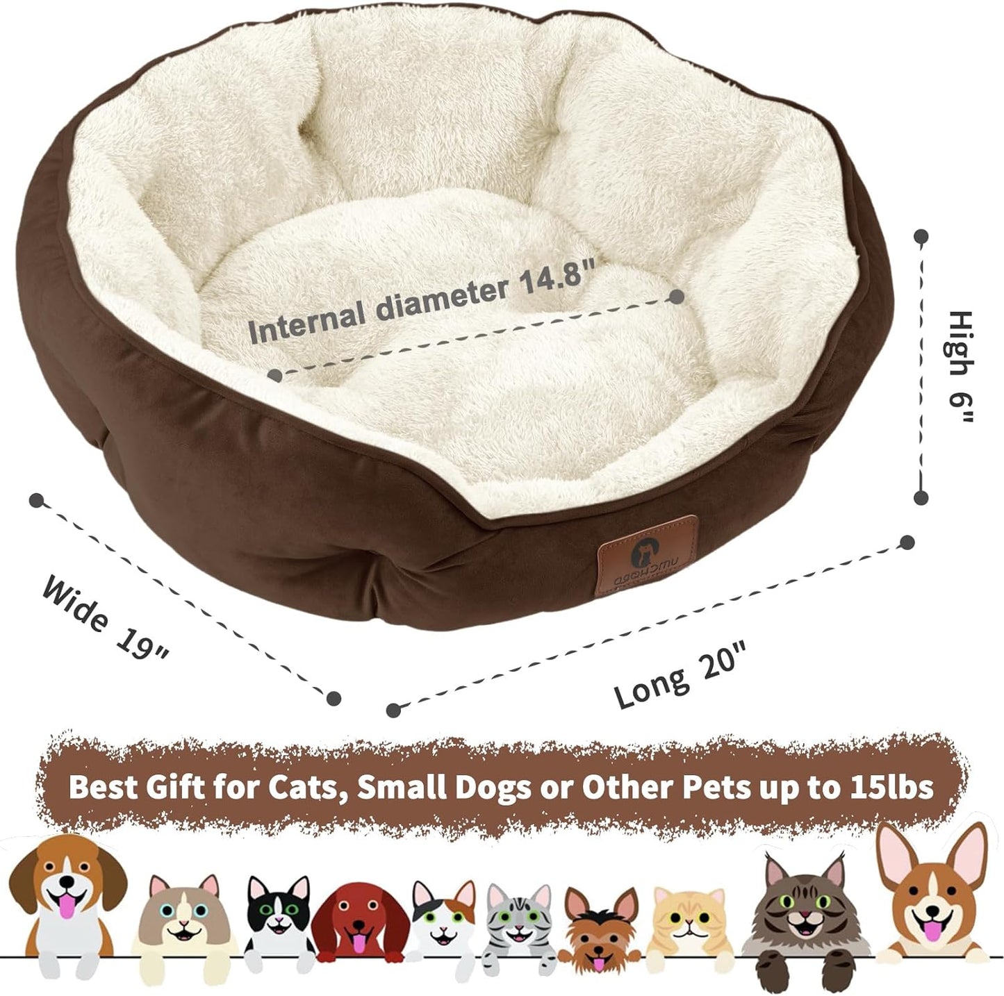 Small Dog Bed for Large Dogs, Cat Beds for Indoor Cats, Pet Bed for Puppy and Kitty, Extra Soft & Machine Washable with Anti-Slip & Water-Resistant Oxford Bottom, Brown, 20 Inches