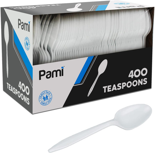 Medium-Weight Disposable Plastic Teaspoons [400-Pack] - Bulk White Plastic Silverware for Parties, Weddings, Catering Food Stands, Takeaway Orders & More- Sturdy Single-Use Partyware Spoons