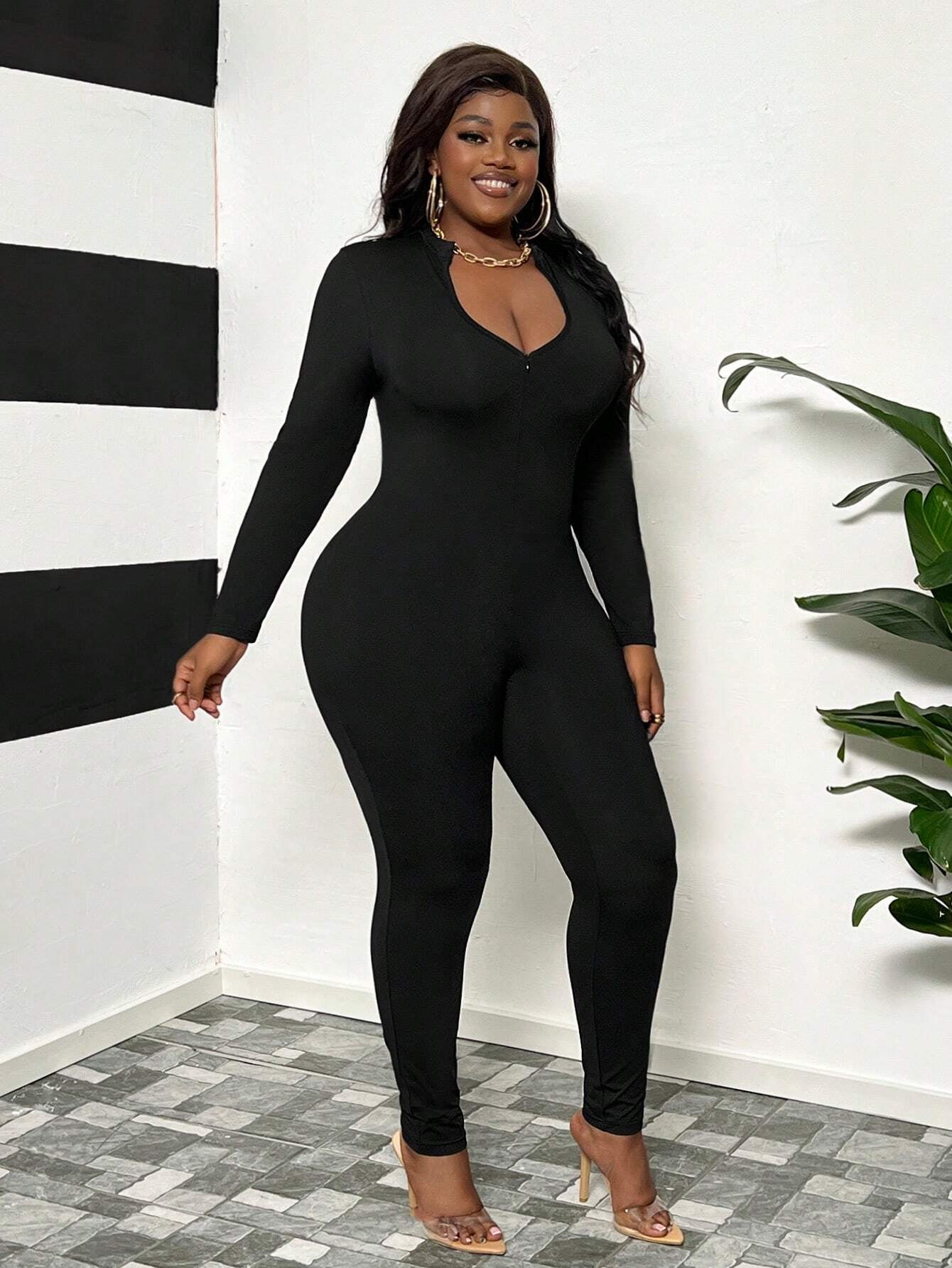 Slayr Plus Size Women'S Streetwear & Everyday & Casual Jumpsuit, Slim-Fit Solid Black, Deep V-Neck with Half Zipper, Moisture-Wicking & Quick-Drying Fabric, Long Length, Autumn & Winter