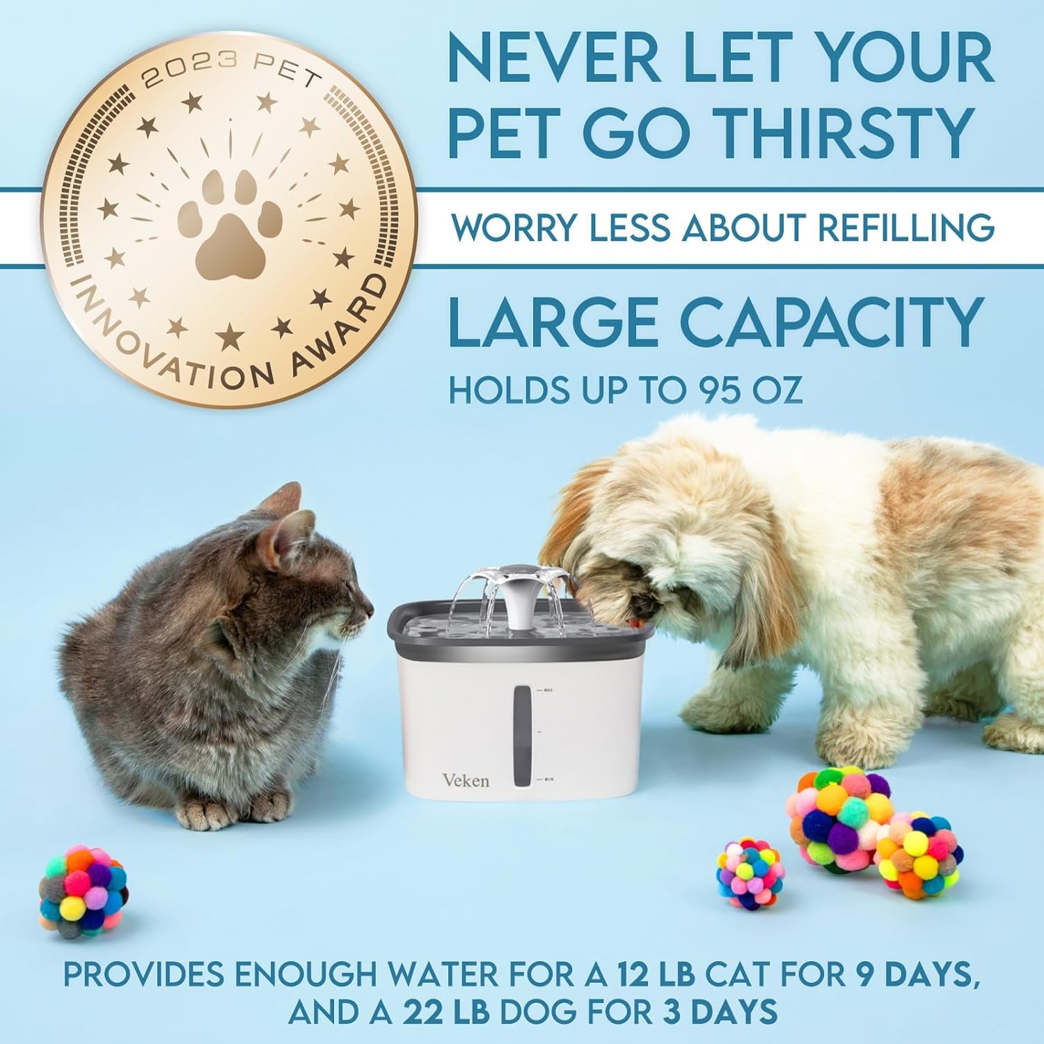 95Oz/2.8L Pet Fountain, Automatic Cat Water Fountain Dog Water Dispenser with Replacement Filters for Cats, Dogs, Multiple Pets (Grey, Plastic)