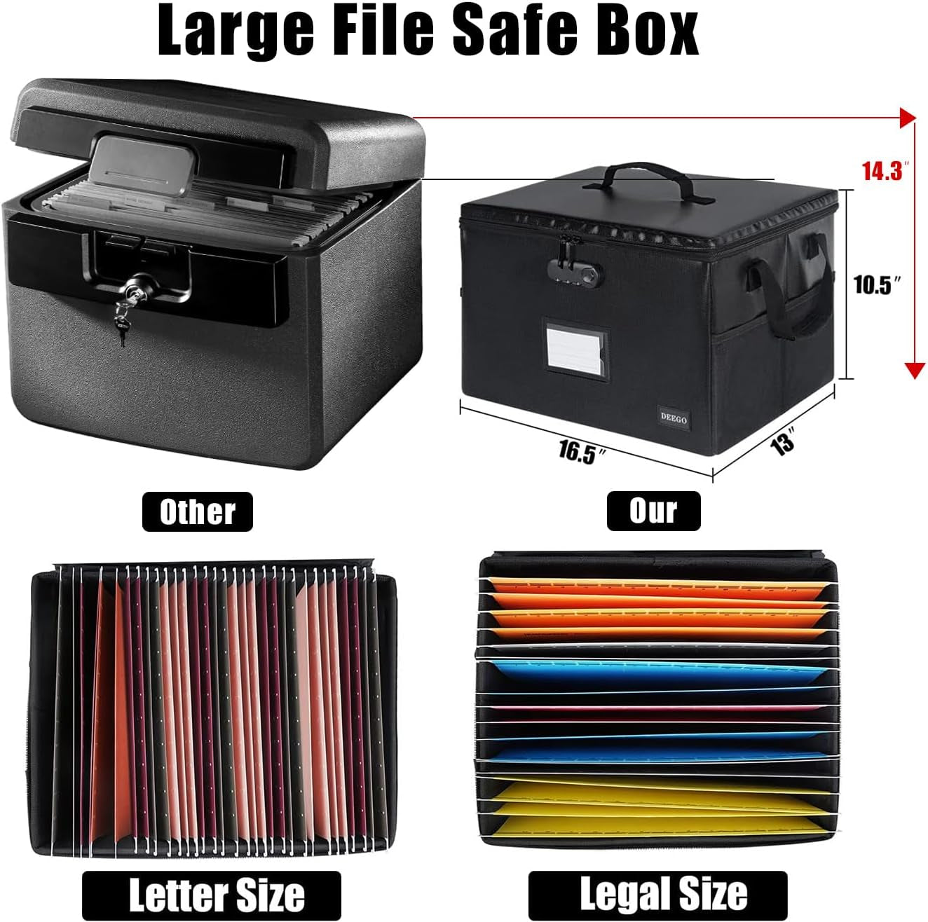 Fireproof Document Box, Water-Resistant File Organizer Box with Lock, Portable File Box with Handle Document Safe Collapsible File Cabinets for Home Office for Hanging Letter/Legal Folder, Black