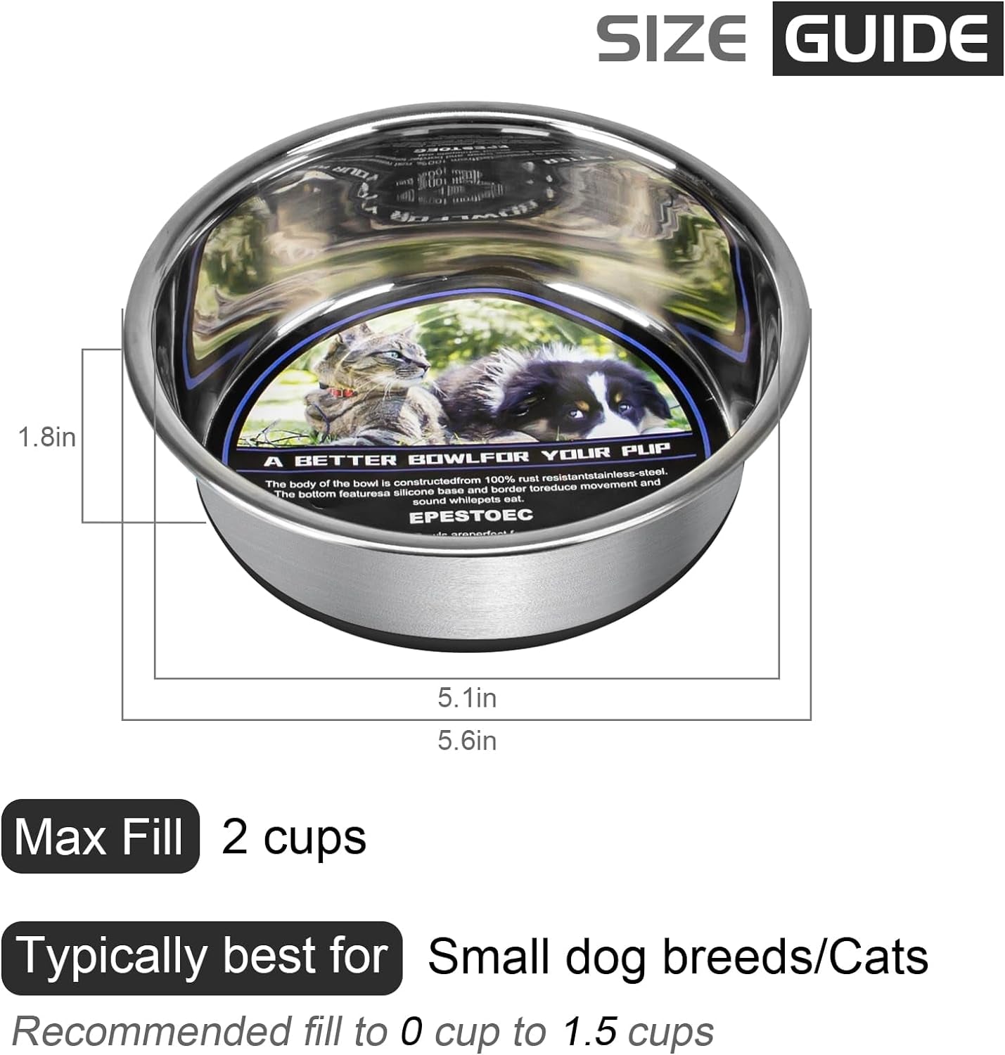 Grehge Steel Anti-Slip Dog Bowls,Non-Slip Stainless Steel Pet Bowl with Foot Mat - Perfect for Mess-Free Mealtime,Quiet Pet Bowls for Cats and Dogs, Dry and Wet Foods,5.5In Single Pack