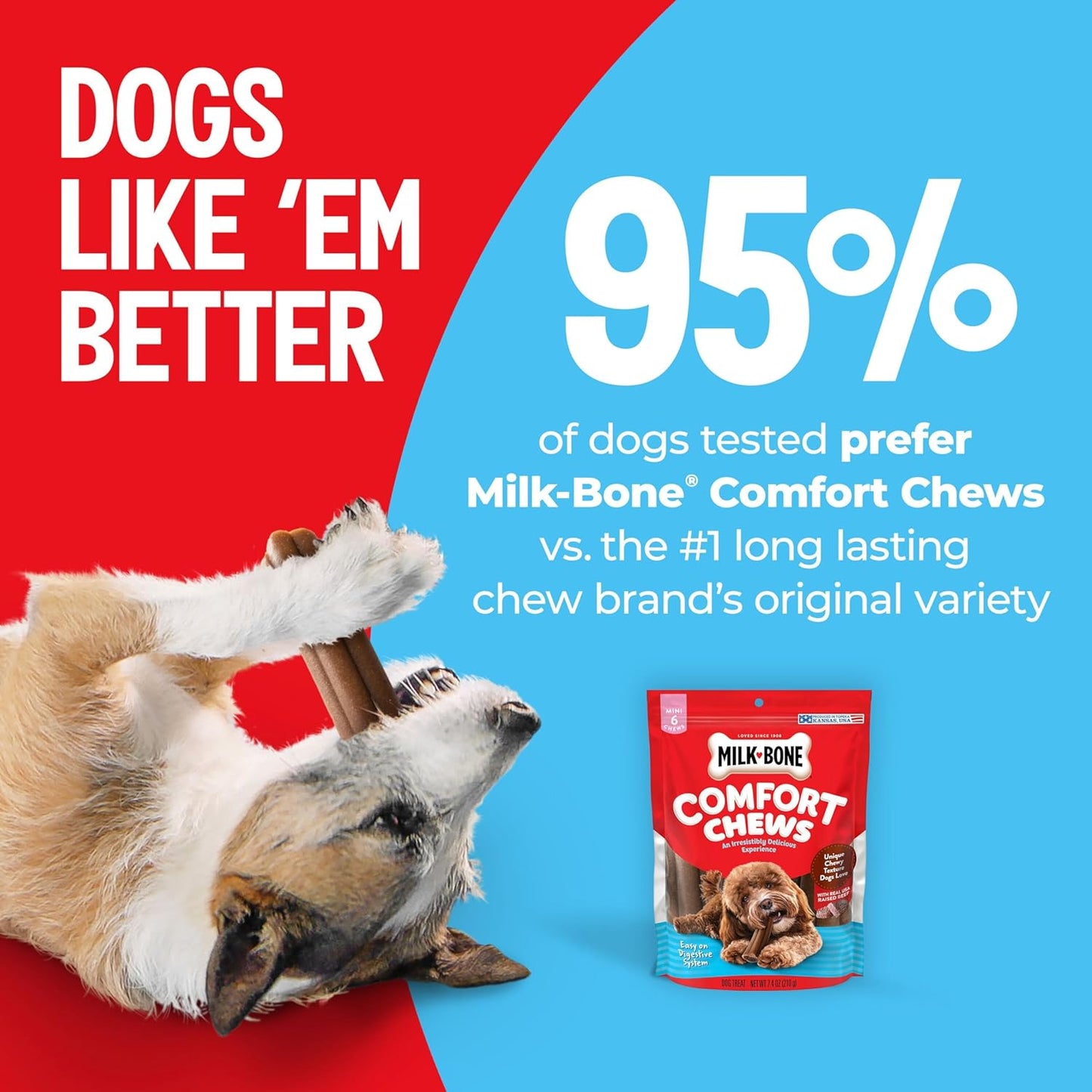 Comfort Chews, Rawhide Free Dog Treats with Unique Chewy Texture and Real Beef, 3 Chews (Pack of 5), Easy on Digestive System