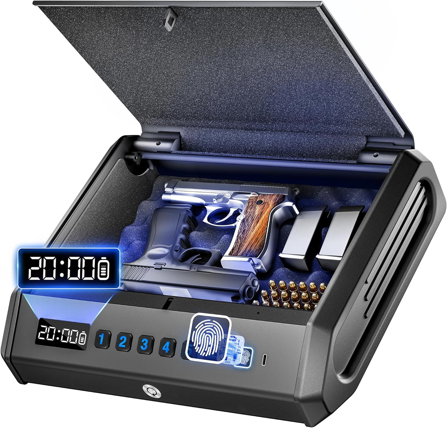 Large Gun Safe for 2-4 Pistols, Fingerprint Digital PIN Key Unlock with LCD Display & USB Port, 650 DPI Quick Access Biometric Handgun Safe, Hand Gun Lock Box for Home Drawer Bedside