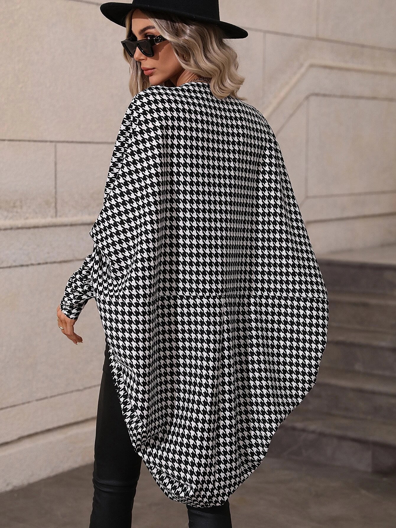 Houndstooth Batwing Sleeve Open Front Coat