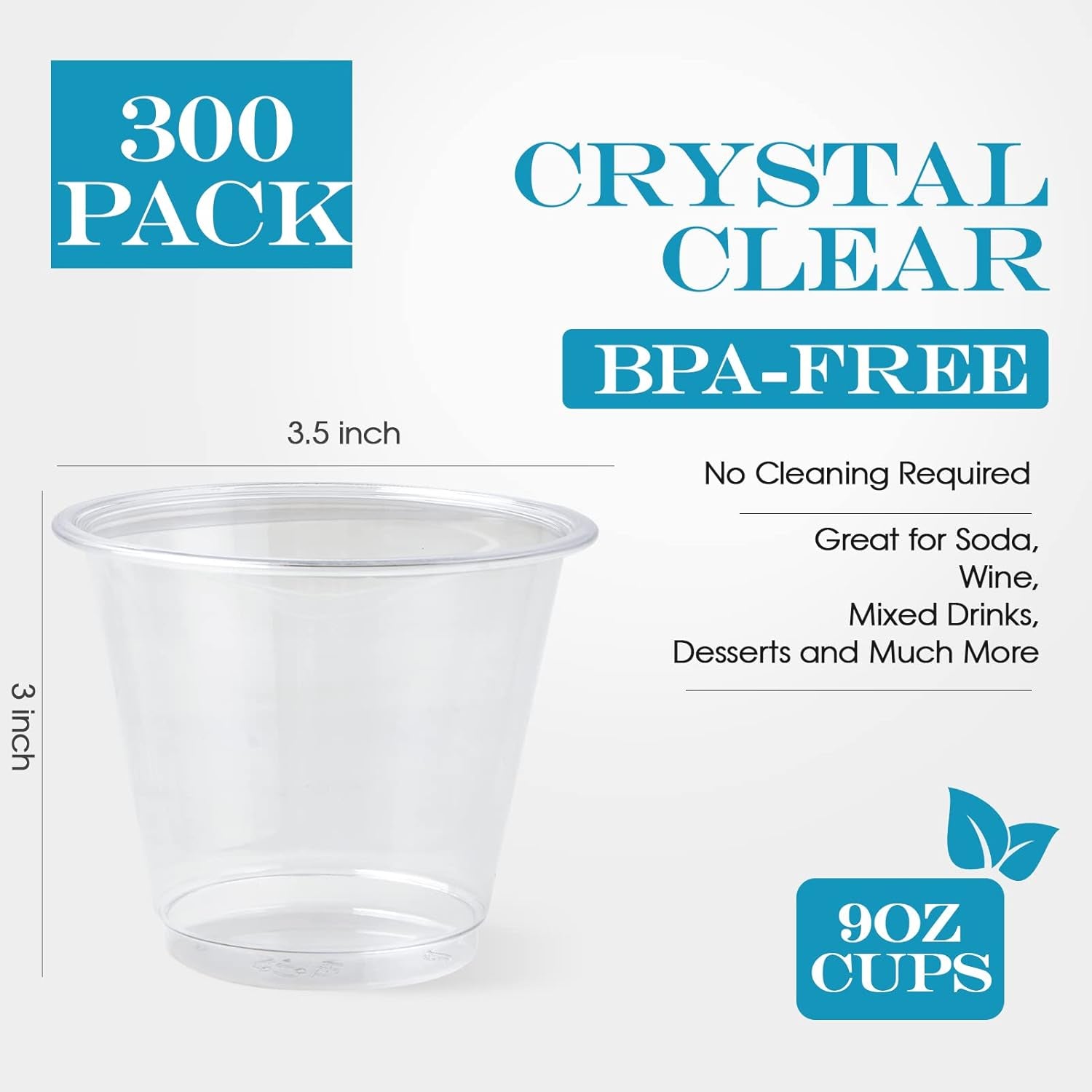 300 Pack 9Oz Clear Plastic Cups,Disposable Crystal Drinking Cups,Pet Plastic Party Cups for Wine,Juice,Iced Coffee and Cold Drinks