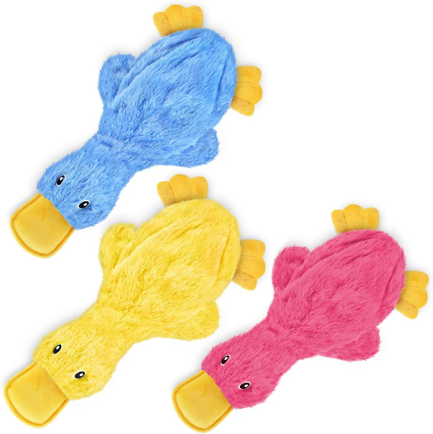 Crinkle Dog Toy for Small, Medium, and Large Breeds, Cute No Stuffing Duck with Soft Squeaker, Fun for Indoor Puppies and Senior Pups, Plush No Mess Chew and Play - Yellow,Blue,Pink