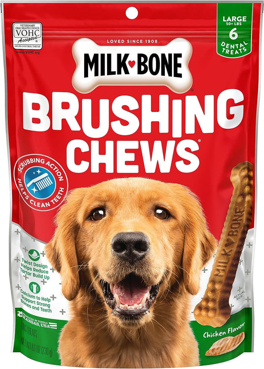 Original Brushing Chews, 6 Large Daily Dental Dog Treats (Pack of 5) Scrubbing Action Helps Clean Teeth