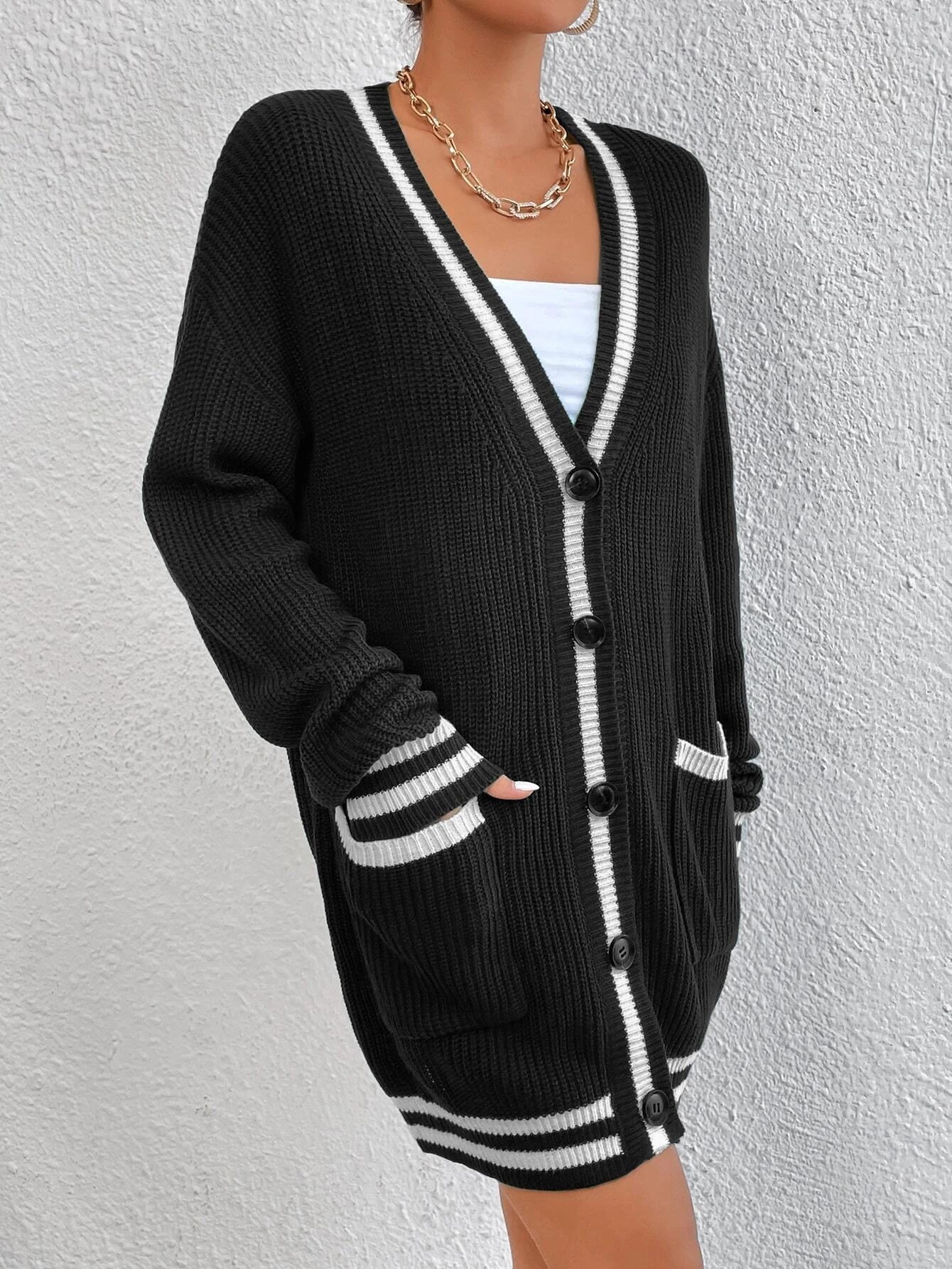 Essnce Women's Color-Blocked Simple Daily Long Sleeve Cardigan