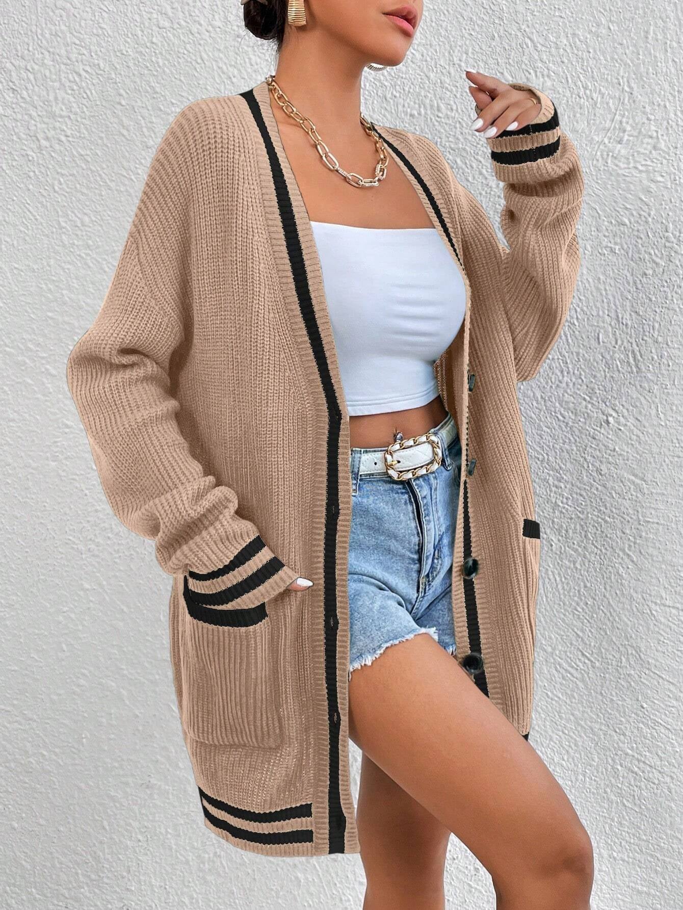 Essnce Women's Color-Blocked Simple Daily Long Sleeve Cardigan