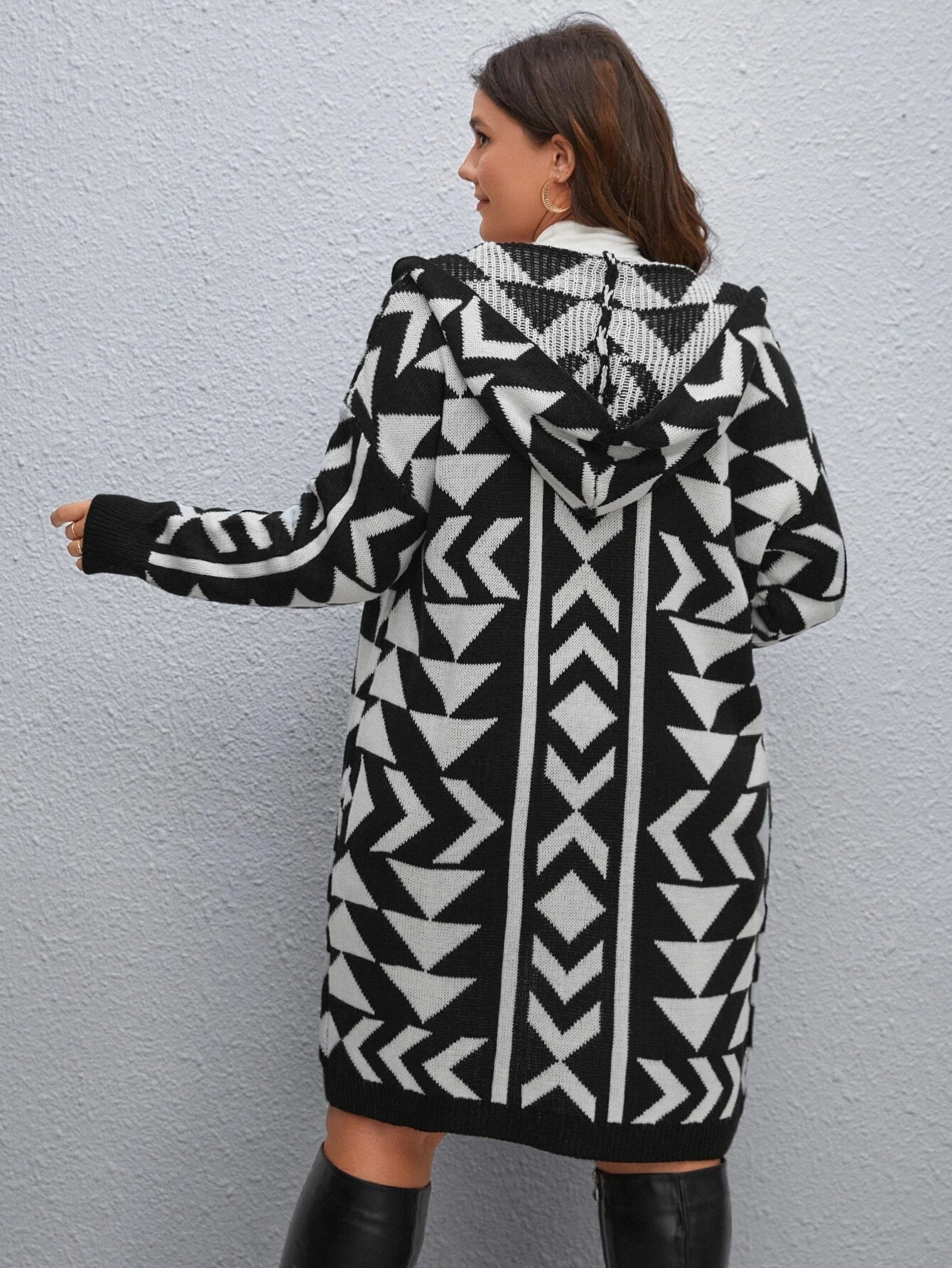  LUNE Plus Geo Pattern Drop Shoulder Hooded Duster Cardigan