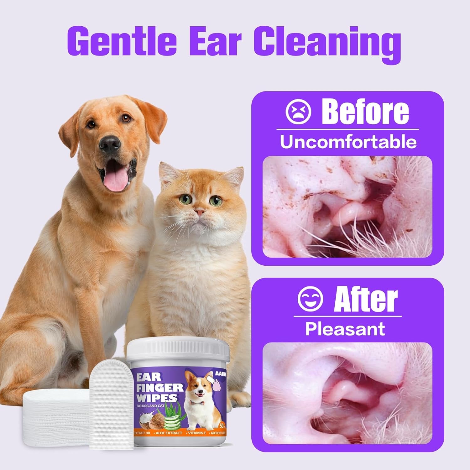 Dog Ear Wipes,Gently Remove Ear Wax & Dirt,Relieve Ear Itching Fresh Coconut Scent, All Natural Ingredients Dog Ear Cleaning Wipes - 50 Count