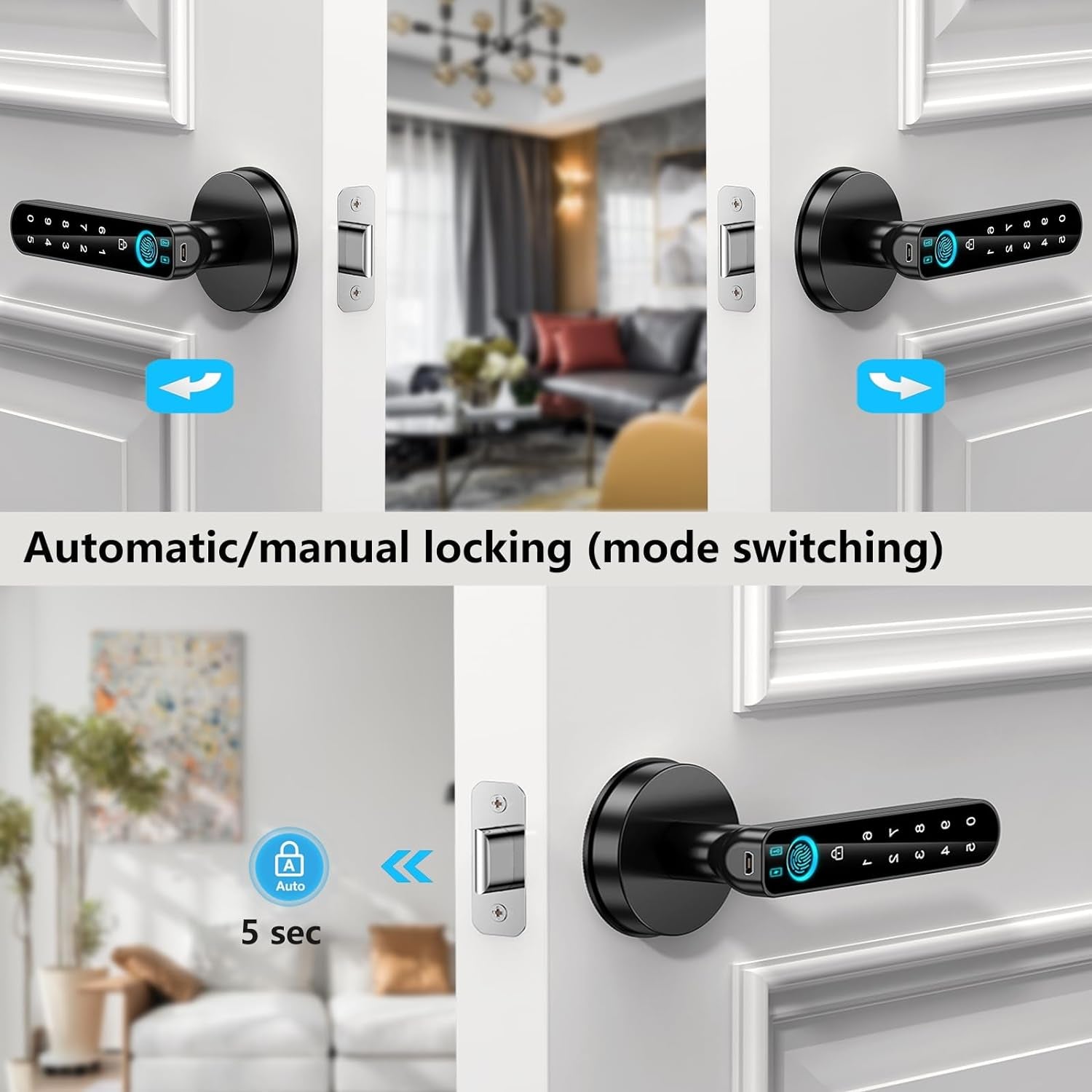 Fingerprint Door Lock, Smart Door Knob,Biometric Door Lock，With Passcode Keypad Keyless Entry Door Handle，For Bedroom Home Hotel Office Apartment Blac