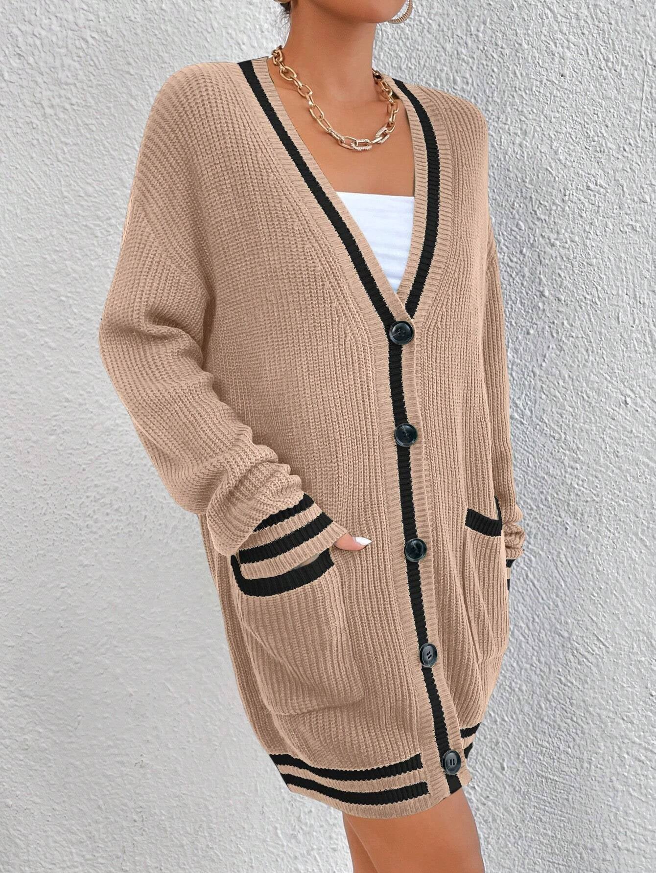 Essnce Women's Color-Blocked Simple Daily Long Sleeve Cardigan